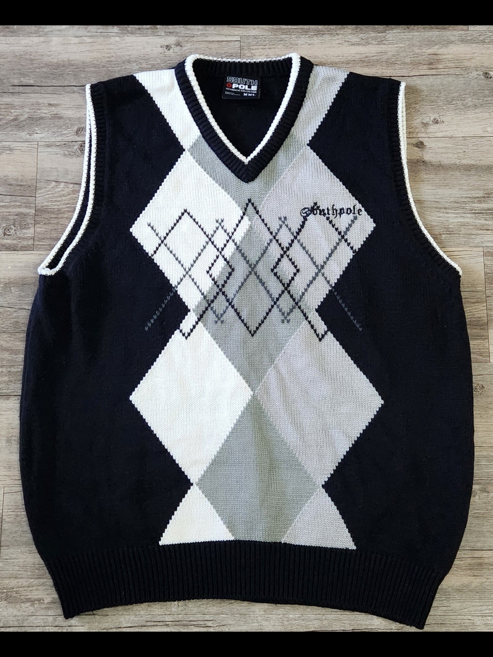 South Pole Sweater Vest Mens 2XL Black Knit Argyle Pull‎ Over V-Neck Y2K Preppy